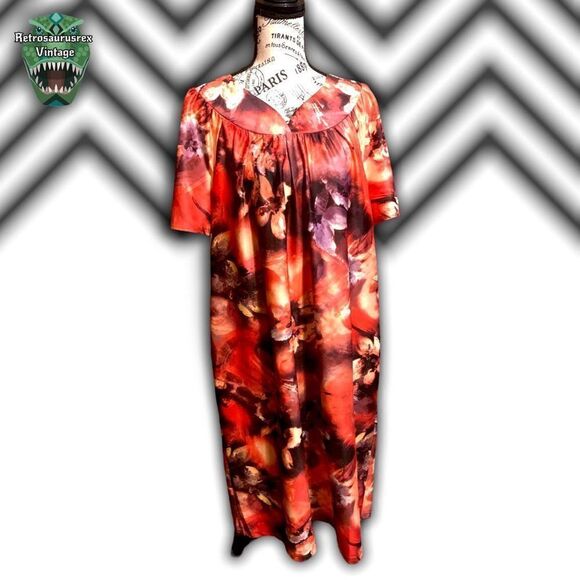 Vintage Hippie Burnt Orange Hawaiian Floral Anthony Richards Caftan Dress, large - Picture 4 of 7